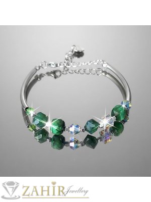 Прелестна хендмейд гривна пт медицинска стомана и естествени камъни зелено тигрово око и мъхов халцедон 6 мм фасета, луксозни кристали, стоманени детайли, размер 17-22 см  - V1191